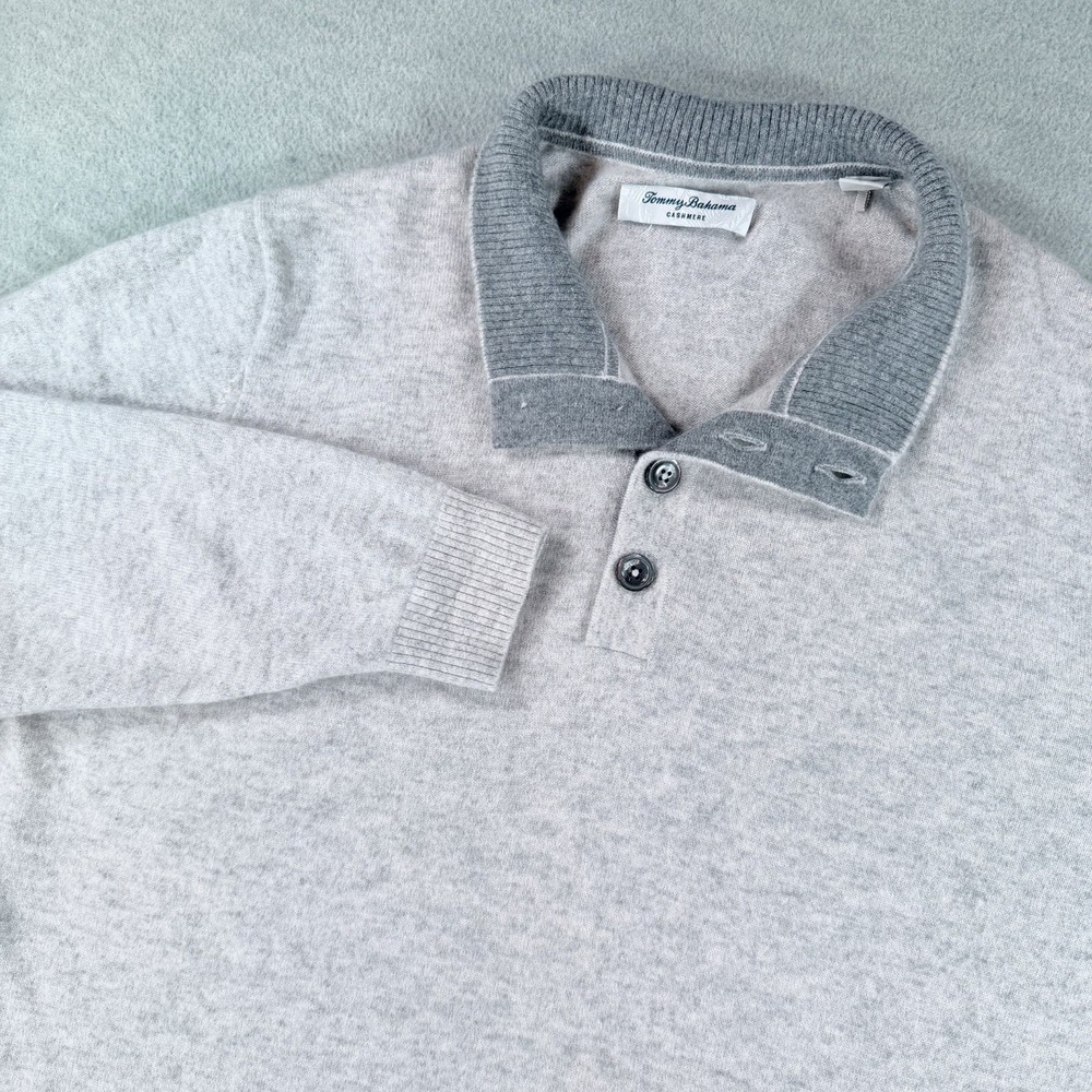 Tommy Bahama 100% Cashmere Sweater Mens XL‎ Gray Ivory Button Mock Neck Classic